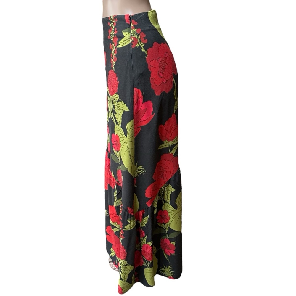 Farm Rio Floral Maxi Slip Skirt Asymmetrical Ruffle Red Black Small S - Picture 4 of 11